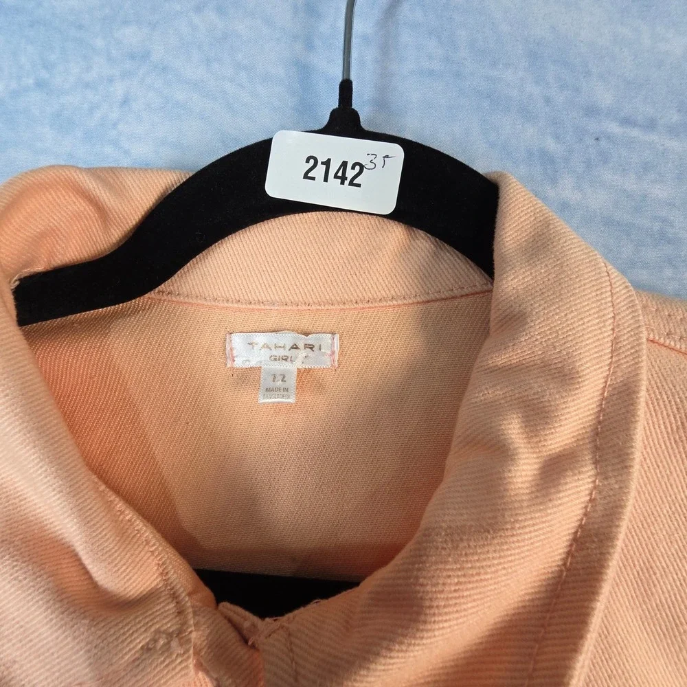 Tahari Girl Peach Orange Denim‎ Jacket Button Front Twill Coat Kids Size 12 NEW